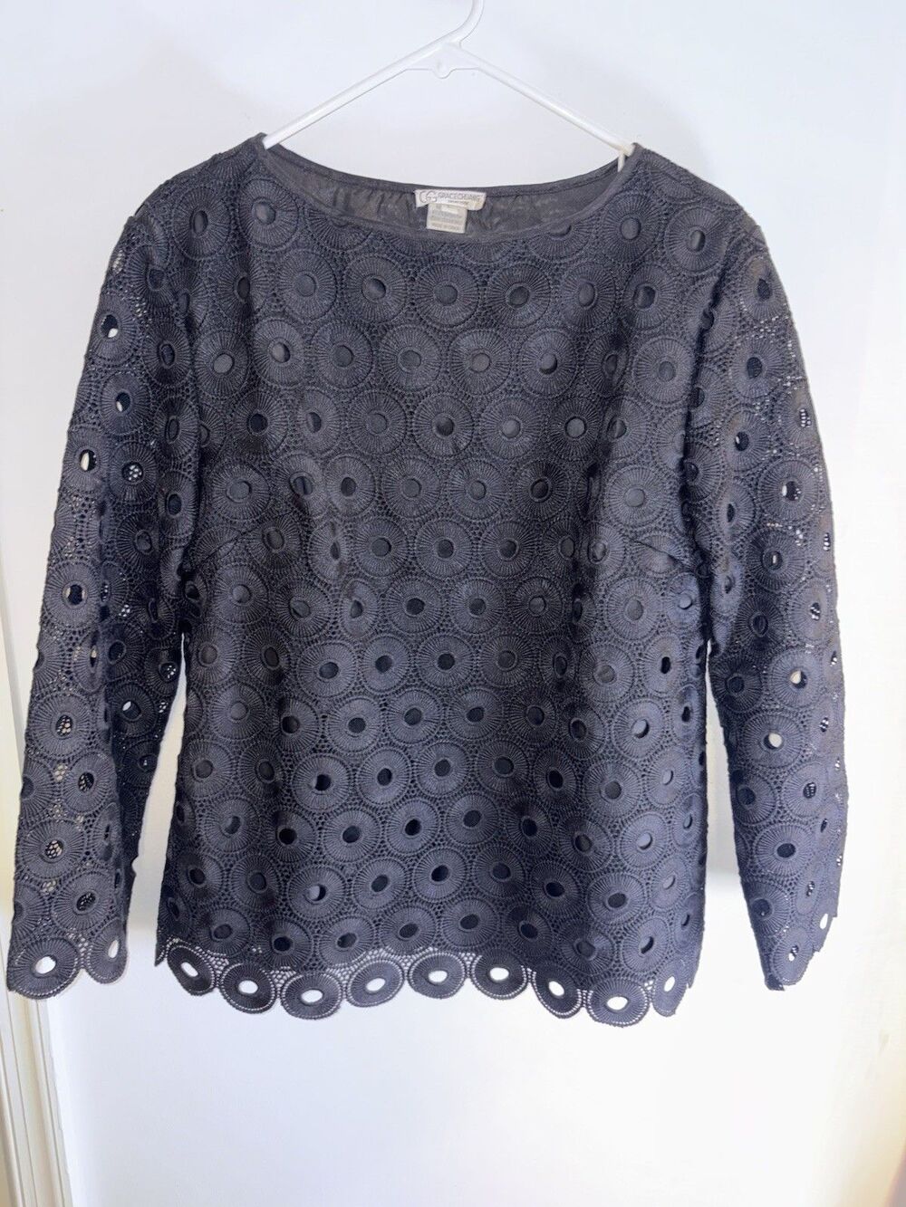 Grace Chuang Art To Wear Eyelet Black Top Sz Large